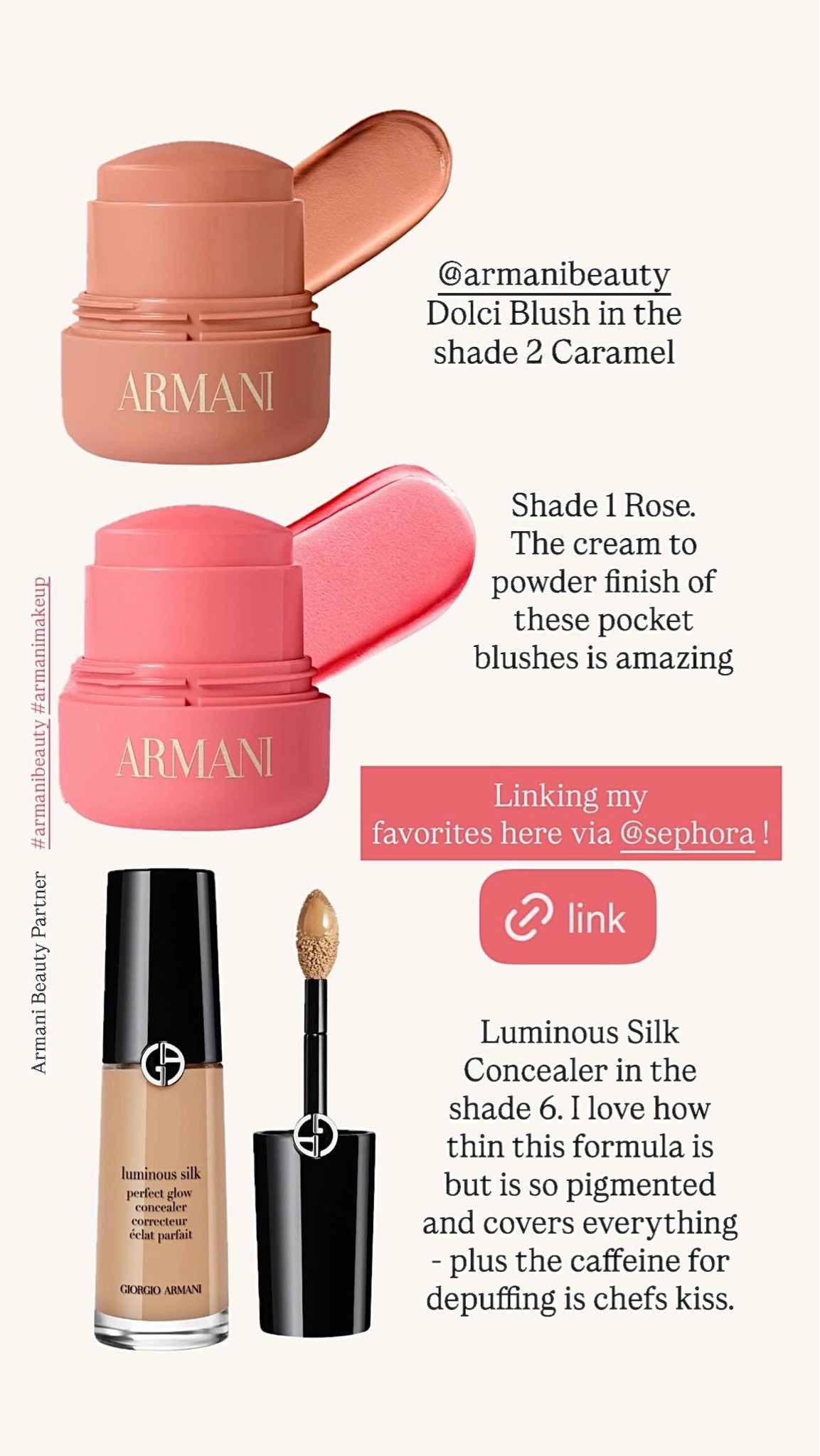 It’s an @ArmaniBeauty summer with my latest obsession: Dolci Blushes in shade Rose + Caramel, and the forever amazing Luminous Silk Concealer in shade 6! @Sephora #ArmaniBeautyPartner #ArmaniMakeup

#LTKBeauty