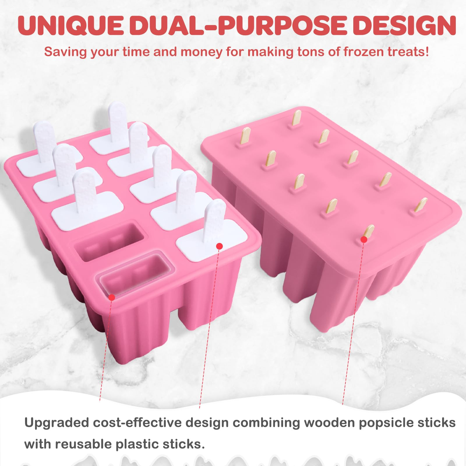 Miaowoof Homemade Popsicle Molds, 10-Cav Non-BPA Silicone Ice Pop Maker, with 50 Sticks, 50 Bags, 10 Reusable Sticks, Funnel, Brush and Ice Pop Recipe (Pink) | Amazon (US)