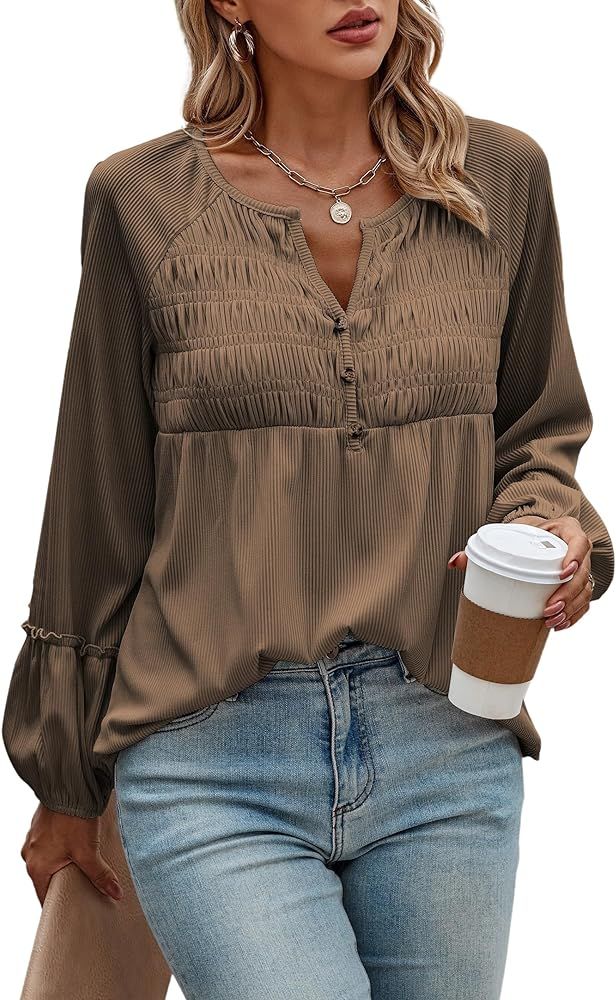 ECOWISH Women Long Sleeve Tops - Henley V Neck Shirt Casual Fall 2023 Solid Blouse Button Down Sm... | Amazon (US)