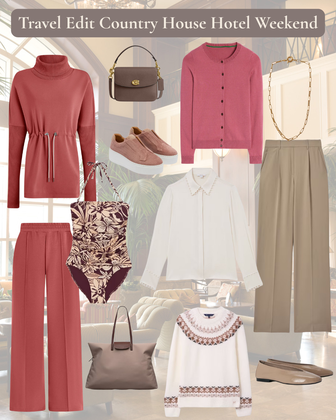 A weekend at a country house hotel from spa mornings to afternoon tea to elegant dinners. luxe lounge wear, tailored trousers, pearl embellished blouse, fairisle knit and rose pink cardigan, taupe flats, pink platform trainers 

 

#LTKuk #LTKover50style #LTKstyletip