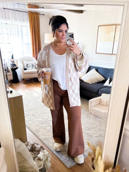 Cozy fall outfit! Plus size friendly ❤️ 
Checkered cardigan
Flare pants
Gucci mules 
Neutral outfit
Nude tones 


#LTKfindsunder50 #LTKplussize #LTKshoecrush