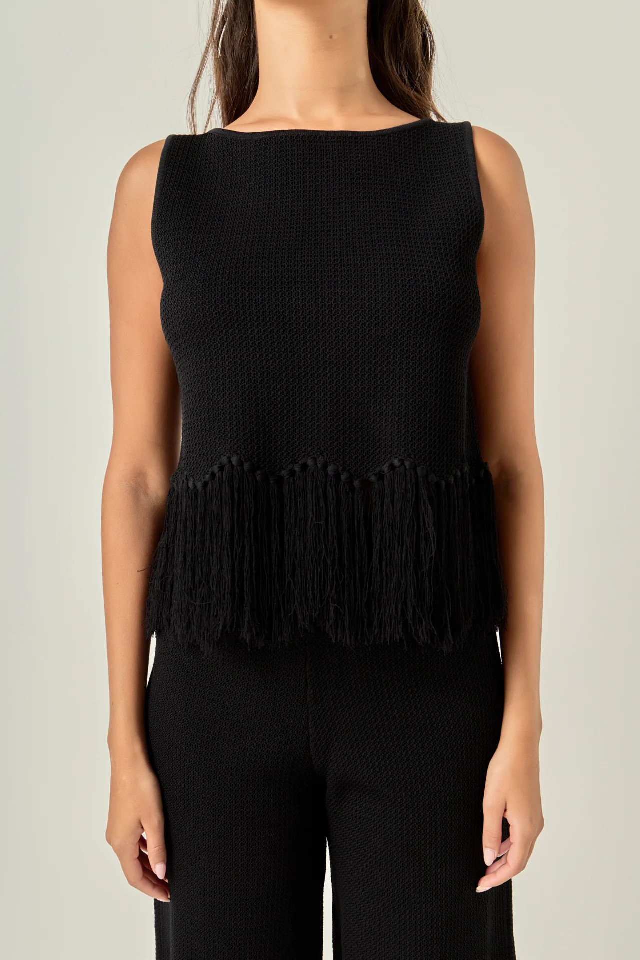 Fringe Detail Sleeveless Knit Top | English Factory