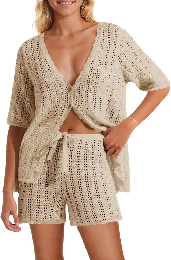 Saodimallsu Women Crochet 2 Piece Swimsuit Cover Up Short Sleeve Knit Tops Shorts Sets Summer Bea... | Amazon (US)