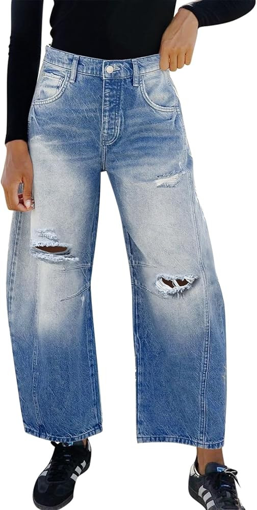 Tankaneo Womens Ripped Barrel Jeans Baggy Boyfriend Horseshoe Mid Rise Wide Leg Vintage Cropped D... | Amazon (US)