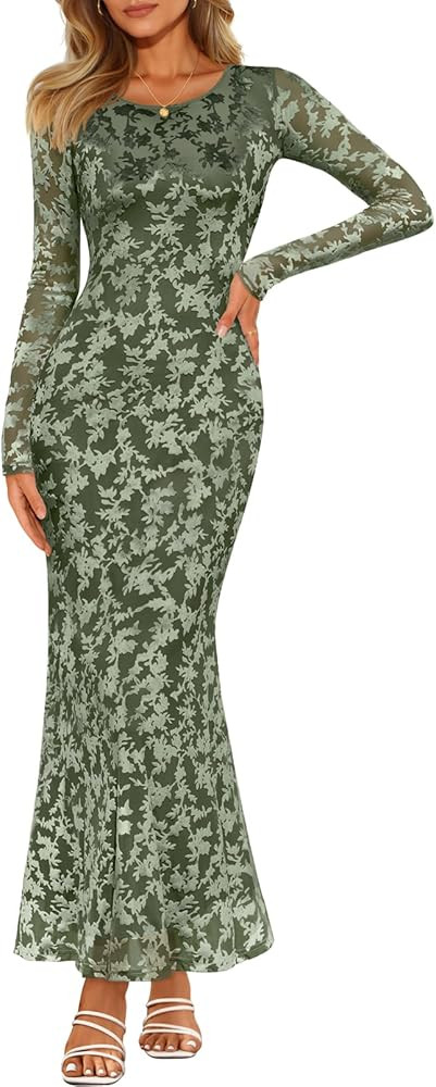 MEROKEETY Women's Fall Formal Wedding Guest Dress Long Sleeve Maxi Bodycon Floral Mesh Winter Coc... | Amazon (US)