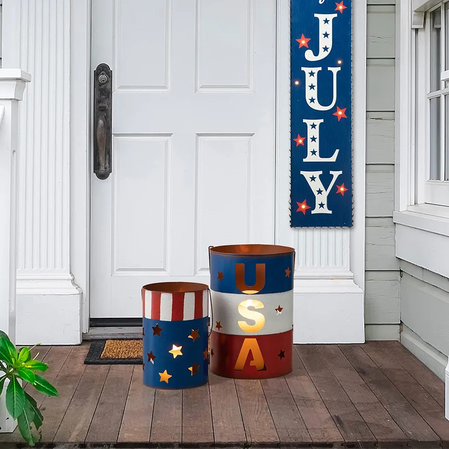 Glitzhome Set of 2 American Metal Decorative Lanterns for Americana Decorations USA Flag Patrioti... | Amazon (US)
