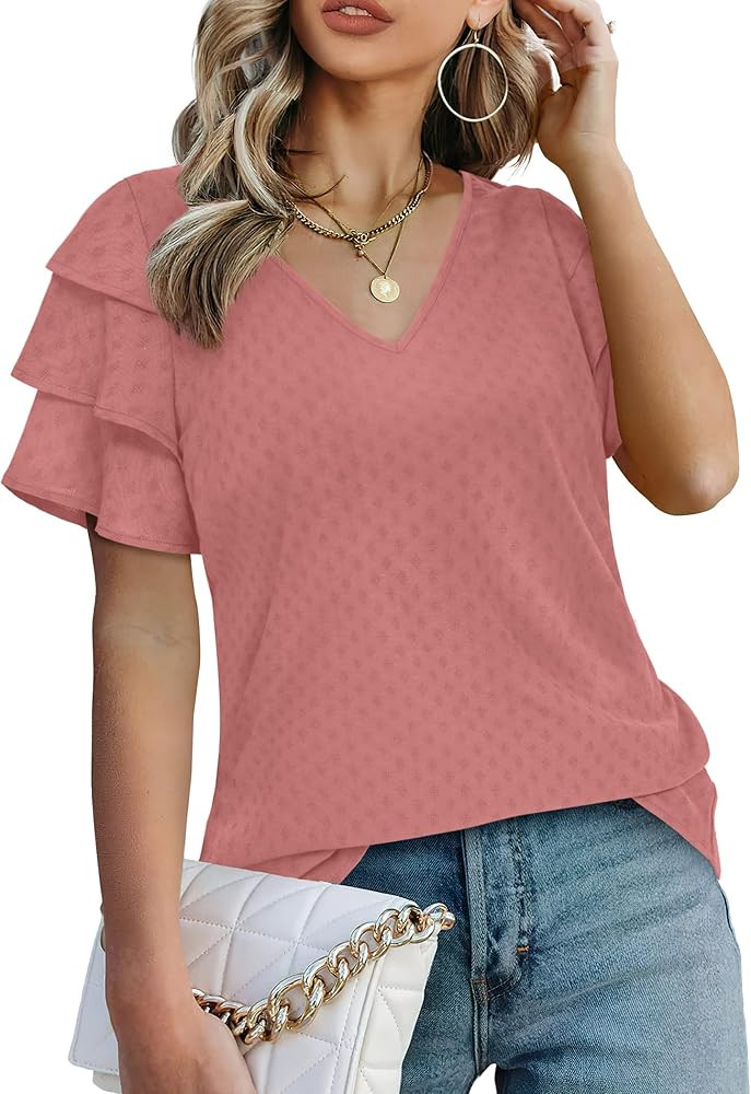 Bofell Womens Tops Dressy Casual Ruffle Sleeve V Neck Summer Shirts and Blouses | Amazon (US)
