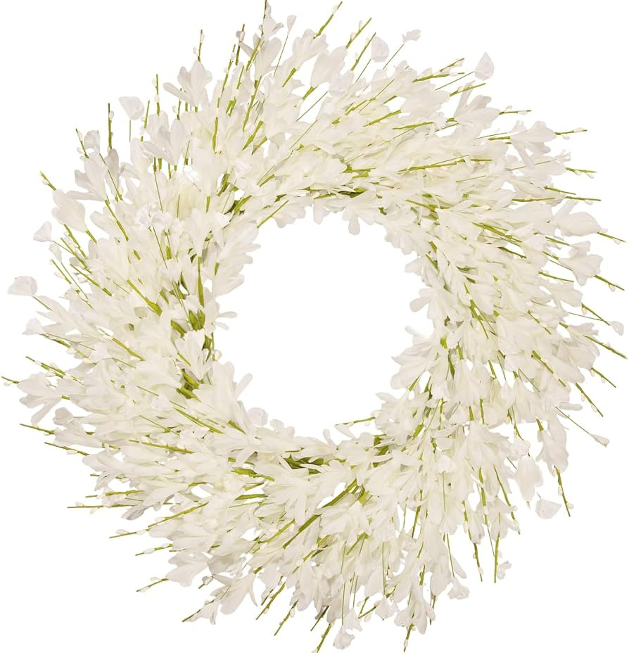 24 Inch Artificial White Forsythia Flower Wreath, Silk & Paper Bridal Floral Wreath for Front Doo... | Amazon (US)