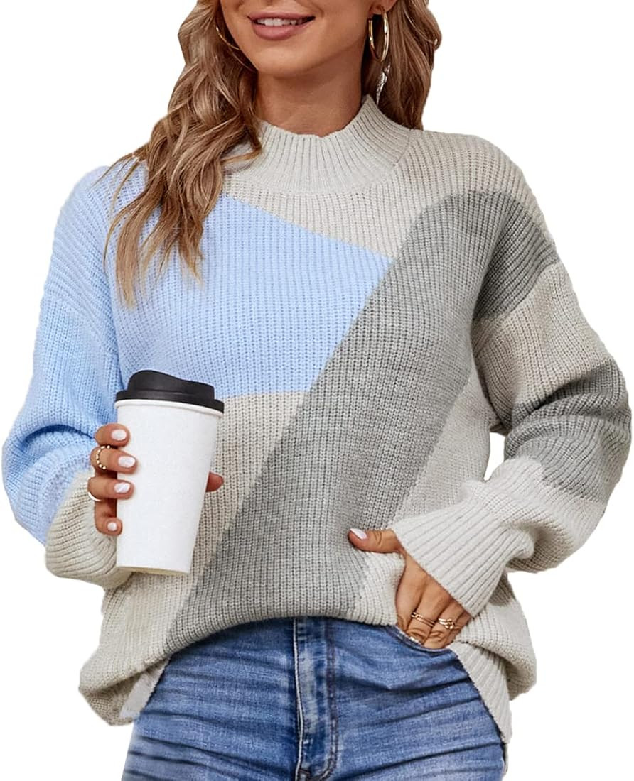 Anatoky Women Oversized Mock Neck Pullover Sweater - Long Sleeve Color Block Fall Heart Cable Kni... | Amazon (US)
