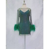 Maraya Green Rhinestone Mesh Long Sleeve Mini Feather Dress With Slip Dress | Etsy (US)