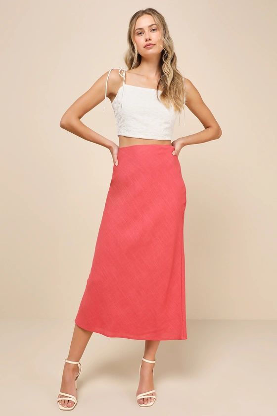 Summery Cutie Rusty Rose Linen High-Waisted Midi Skirt | Lulus