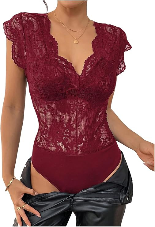 MakeMeChic Women's Lace Bodysuit Date Night Romper Deep V Neck Lace Tops Bodysuit | Amazon (US)
