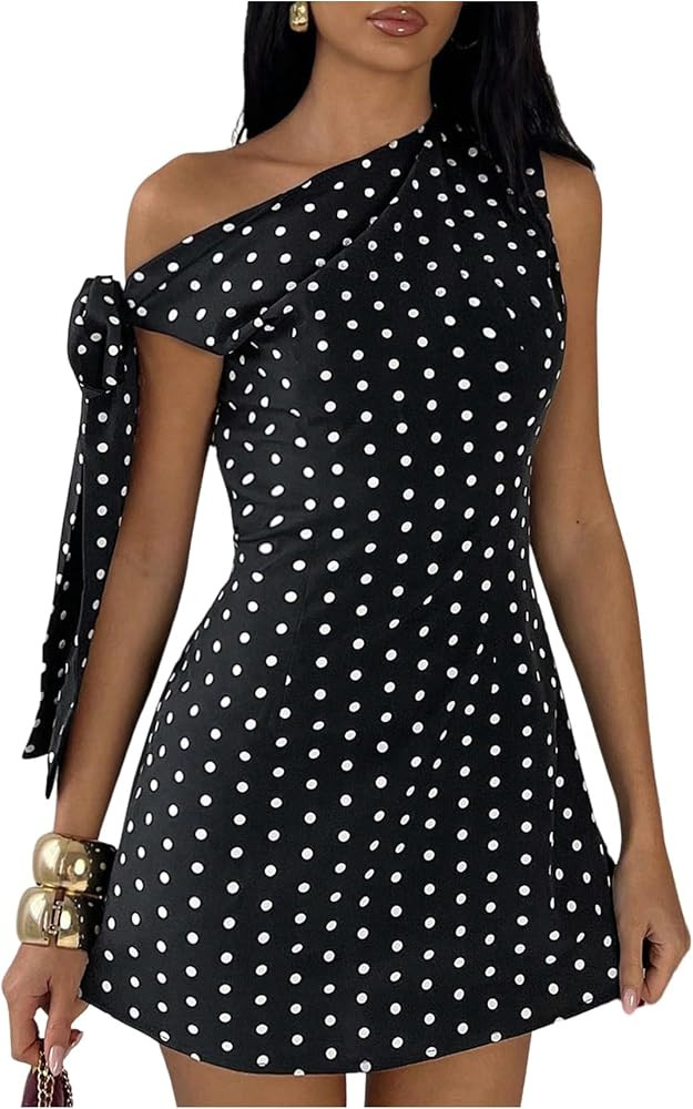Floerns Women's Knot Side Polka Dots Mini Dress Off The Shoulder Party A Line Going Out Dresses | Amazon (US)