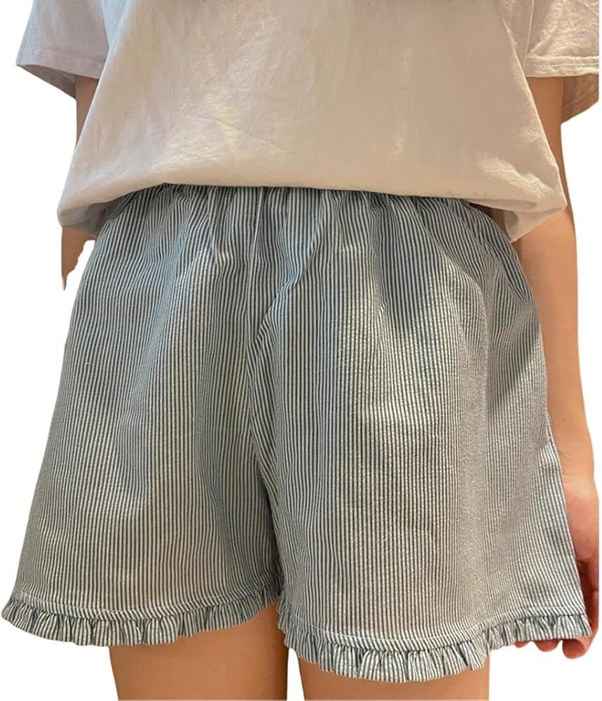 Y2K Plaid Shorts for Women Ruffle Hem High Waist Gingham Shorts Lounge Pajama Boxer Shorts Pj Bot... | Amazon (US)