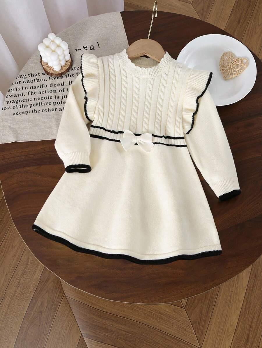 Baby Girls Ruffled Collar Twist Rope Knitted Long Sleeve Sweater Dress, Comfortable For Autumn/Wi... | SHEIN