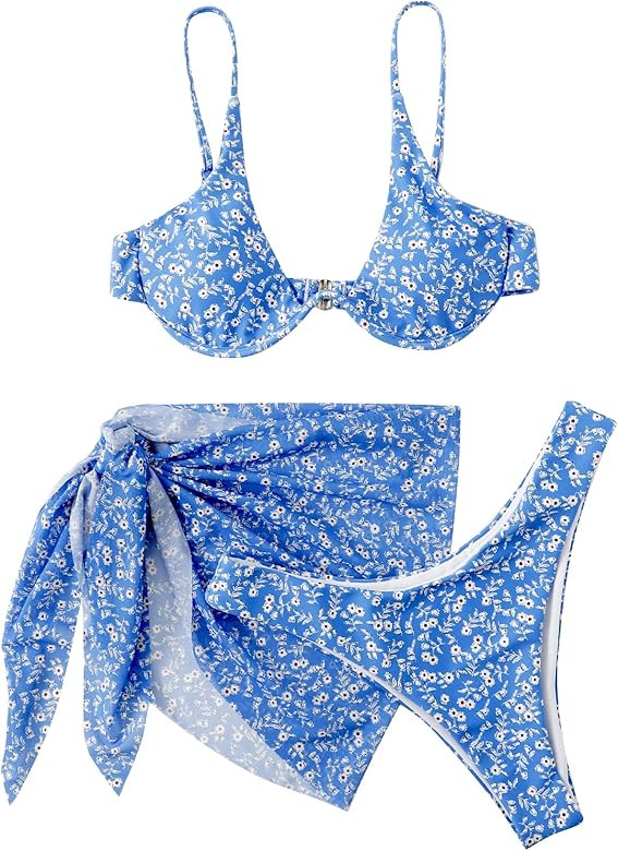 SOLY HUX Women's 3 Piece Tie Dye Bikini Set Swimsuit with Sarongs Cover Ups Beach Skirt Bathing Suit | Amazon (US)