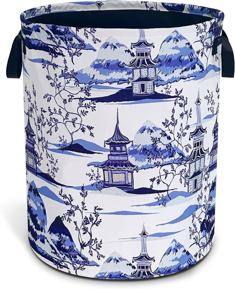 Blue White Porcelain Chinoiserie Laundry Basket Oxford Cloth Laundry Hamper With Handle Foldable ... | Amazon (US)