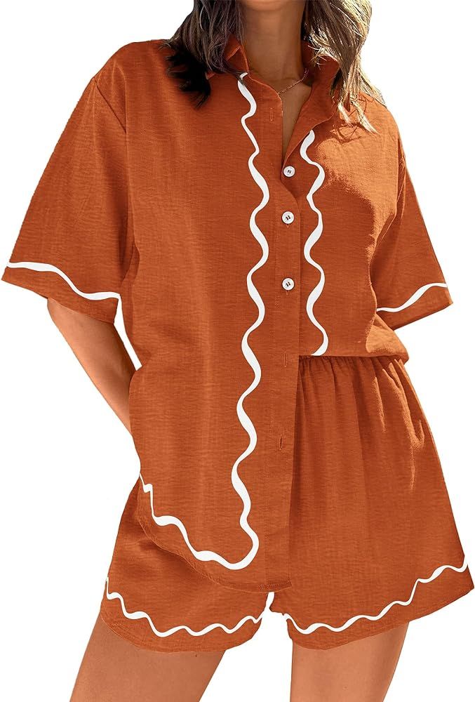 PRETTYGARDEN Womens 2 Piece Summer Button Down Shirts And Lounge Shorts Pajama Sets | Amazon (US)