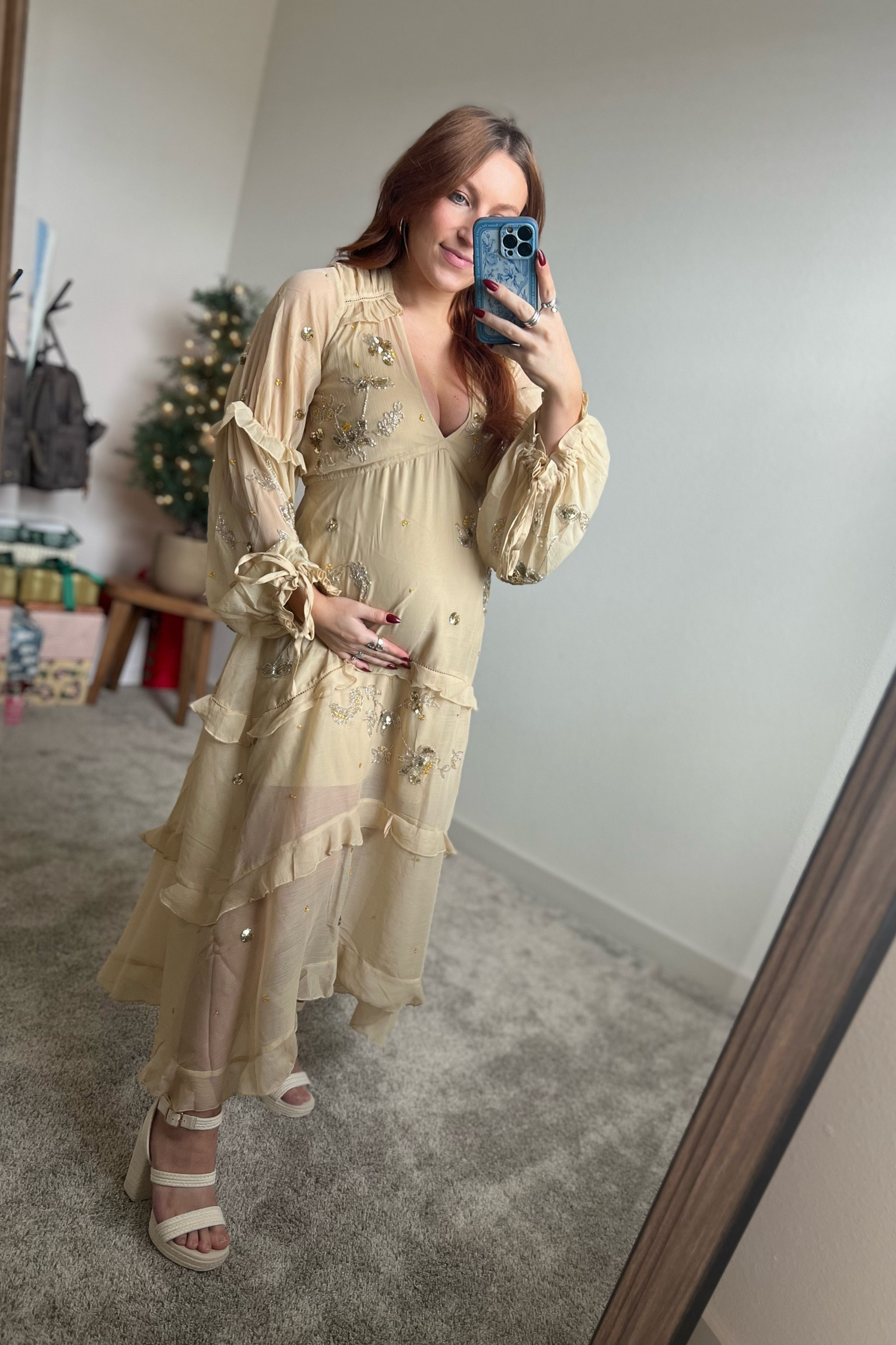 Maternity - Baby Shower Dress - ASOS Embellishment Midi Dress - Lulus Chunky Heeled Sandal - Target Silver Hoop Earrings - Baby Shower - Maternity Dresss - wedding guest

#LTKbump #LTKshoecrush #LTKstyletip