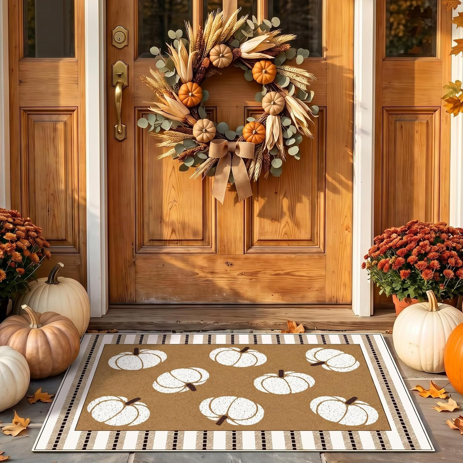 Drydiet 2 Pcs Fall Layered Doormat Set Neutral Pumpkin with Stripe Rug | Amazon (US)