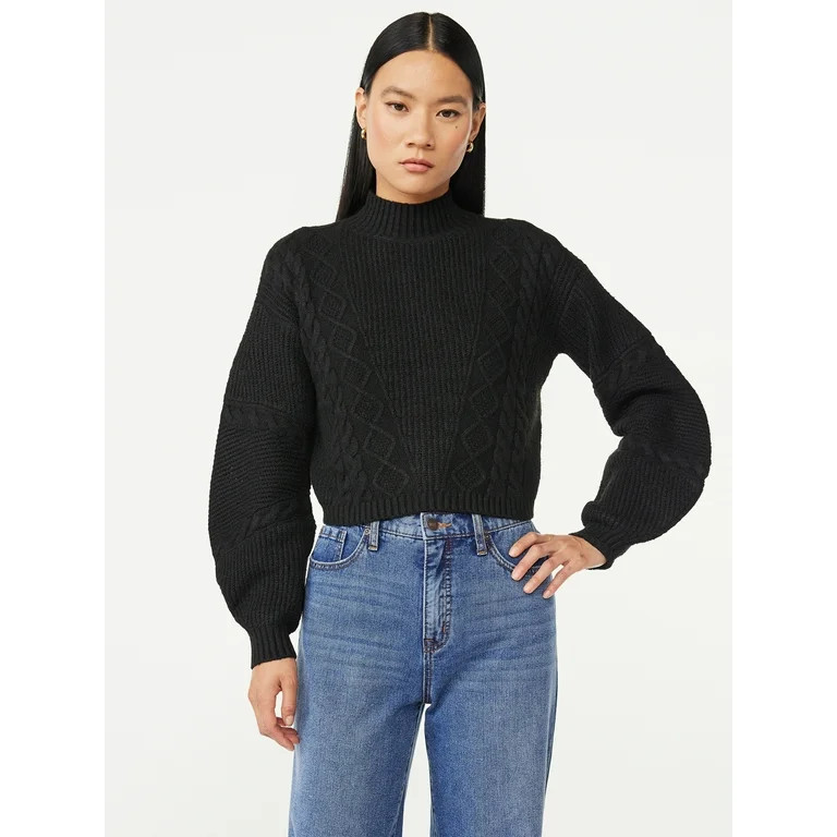 Scoop Women's Crop Cable Pullover Sweater with Long Sculpted Sleeves, Sizes XS-XXL - Walmart.com | Walmart (US)