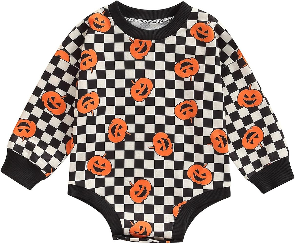 Infant Baby Boy Girls Halloween Outfit Oversized Pumpkin Checkered Print Romper Bodysuit Fall Pum... | Amazon (US)