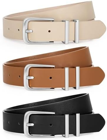 LEACOOLKEY 3 Pack Women's Leather Belts for Jeans Dress Pants Fashion Ladies Leather Belts with G... | Amazon (US)
