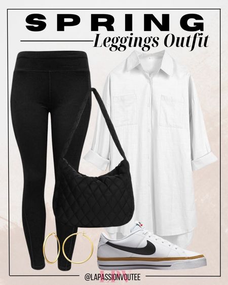 Elevate your spring style with a breezy oversized linen shirt paired with sleek leggings for a relaxed yet polished look. Accentuate with chic hoop earrings and a quilted tote bag for added sophistication. Complete the ensemble with Nike shoes for a sporty touch that exudes effortless charm.

#LTKSeasonal #LTKstyletip