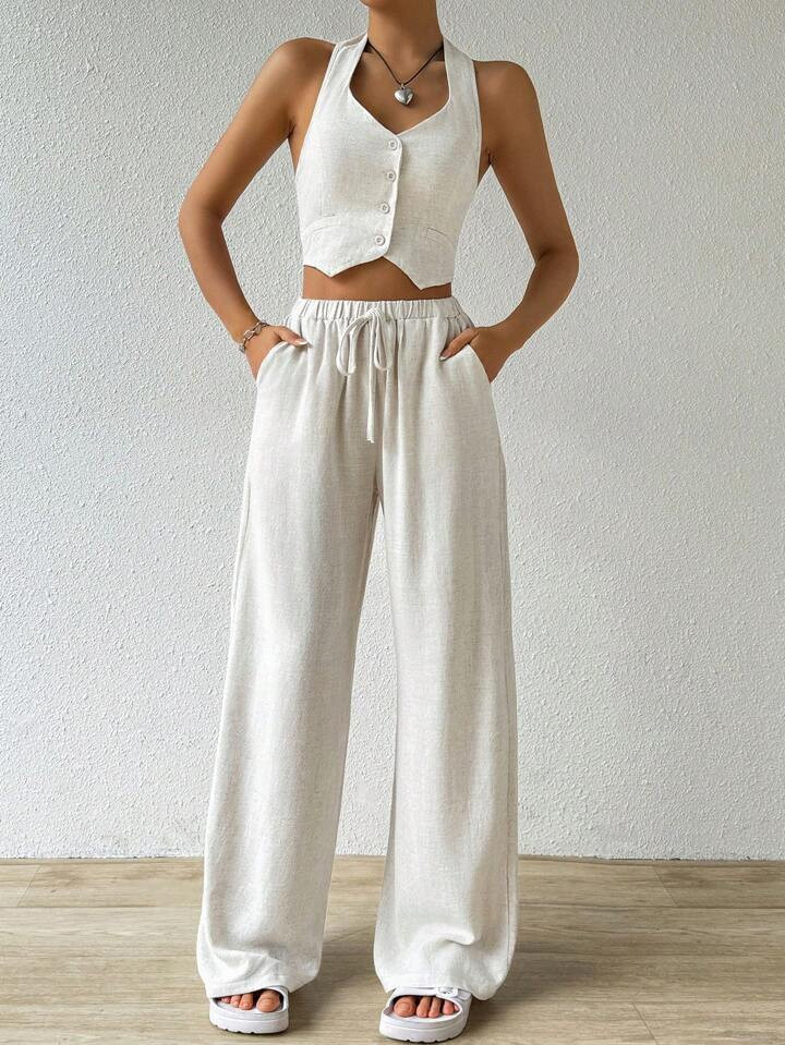 SHEIN EZwear Linen Single Breasted V-Neck Suit Vest & Wide Leg Trousers Suit | SHEIN