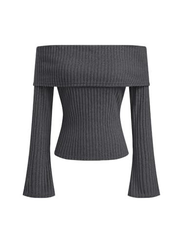 CIDER Off The Shoulder Tops for Women Long Sleeve Going Out Y2K Tops Knit Pullover Fall Outfits Trendy 2025: Grey, M | Amazon (US)