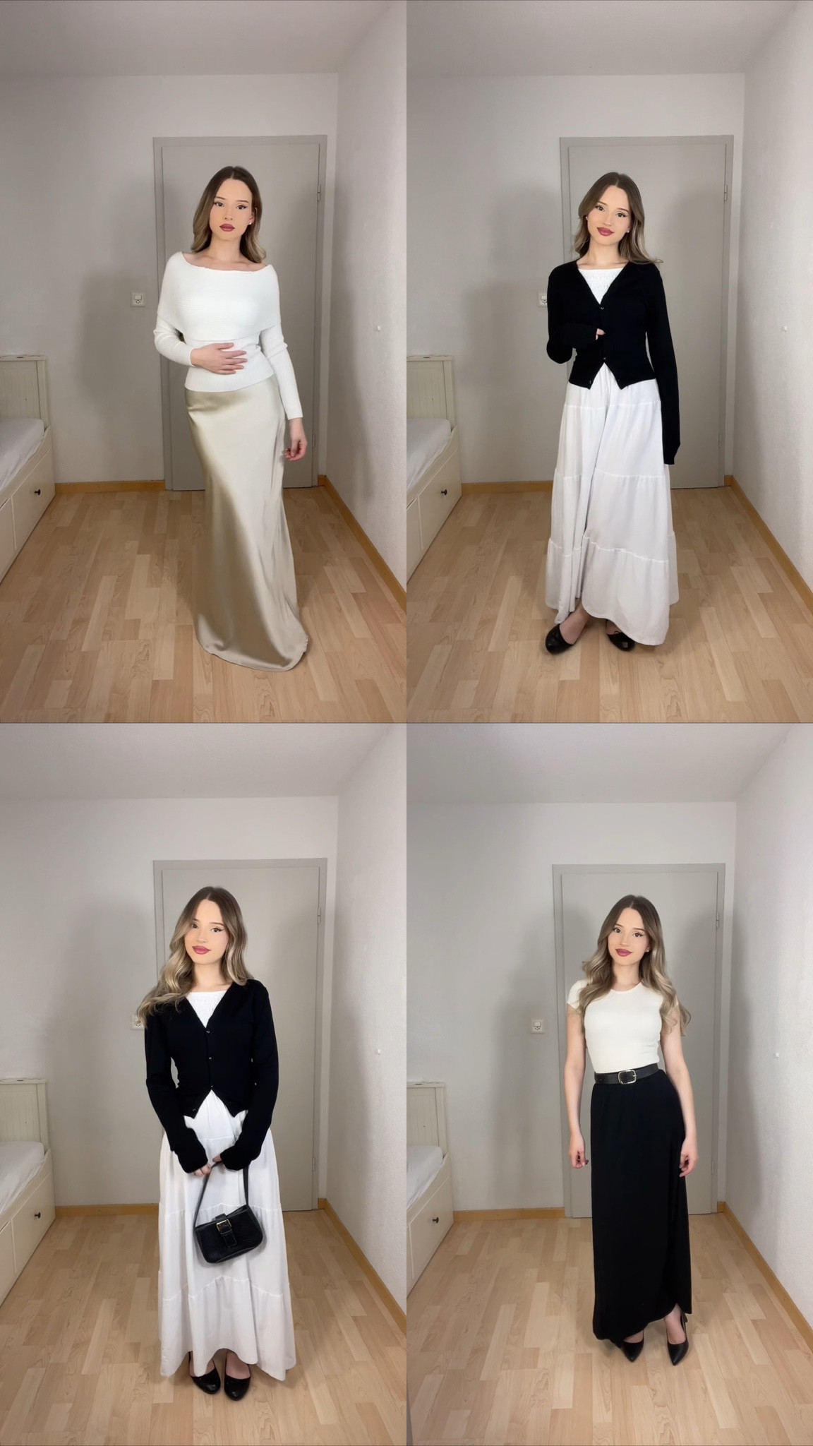 Modest and elegant outfit inspiration featuring timeless pieces:
	1.	A white fitted knit top paired with a champagne satin maxi skirt for a soft and polished look.
	2.	A flowy white maxi skirt styled with a black fitted cardigan, creating a sophisticated and feminine contrast.
	3.	The same white maxi skirt styled with a black cardigan and black structured bag, perfect for a graceful and modest vibe.
	4.	A white tee tucked into a black belted maxi skirt paired with classic black heels for an effortlessly elegant monochrome outfit.

#ModestFashion #ElegantStyle #TimelessLooks #MinimalOutfits #FeminineFashion #ClassyStyle #MonochromeOutfit #ModestInspo #ChicStyle #LTKStylist #LTKModest #LTKElegant #LTKClassic