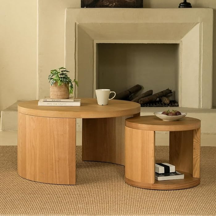 Round Coffee Table Set of 2, Nesting Coffee Tables with Storage,Living Room Table Set,Modern Wood... | Amazon (US)