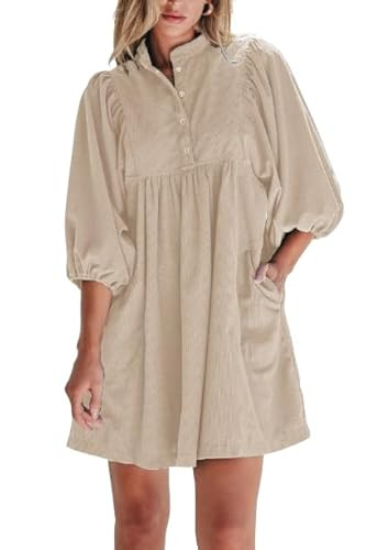 Womens Casual Dresses Corduroy Button Up Empire Waist 3/4 Sleeve Fall Winter Mini Babydoll Dress | Amazon (US)