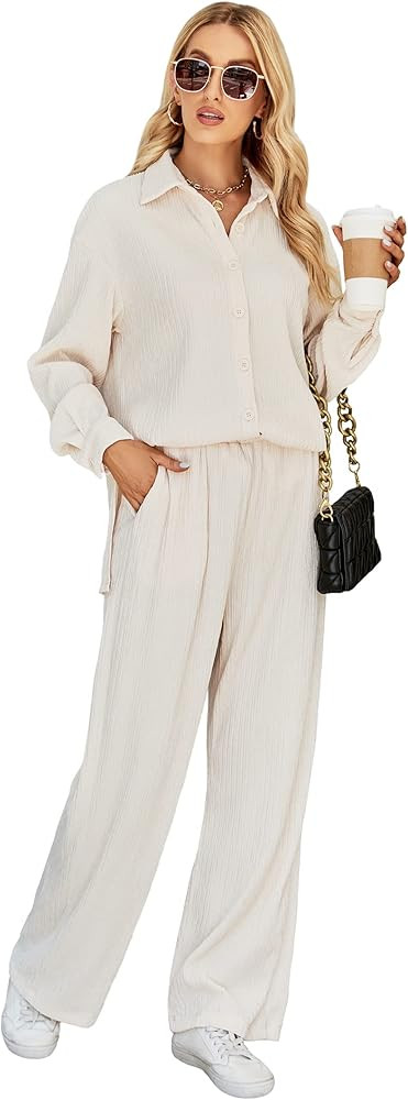 BLUEMING Women Two Piece Casual Outfits Y2K Loungewear Pleated Wide Leg Pants Long Sleeve Button ... | Amazon (US)