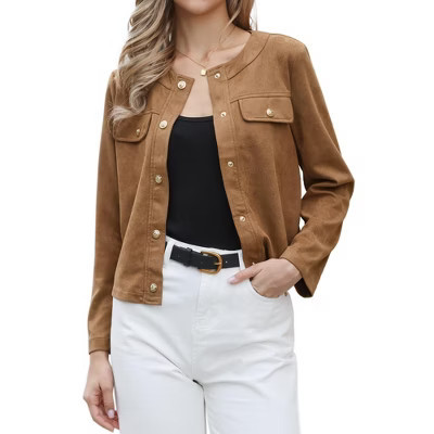 INSPIRE CHIC Women's Faux Suede Crew Neck Long Sleeve Button Down Vintage Casual Cropped Jackets Small Brown | Target