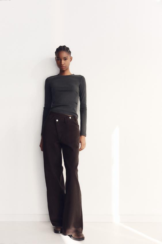 LONG SLEEVE WASHED EFFECT RIBBED T-SHIRT | Zara UK