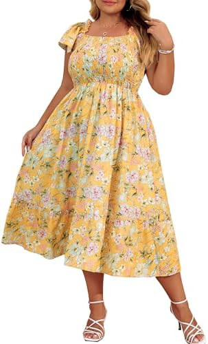 Hanna Nikole Women's Plus Size Summer Maxi Dress Short Sleeve Smocked Square Neck Casual Floral F... | Amazon (US)