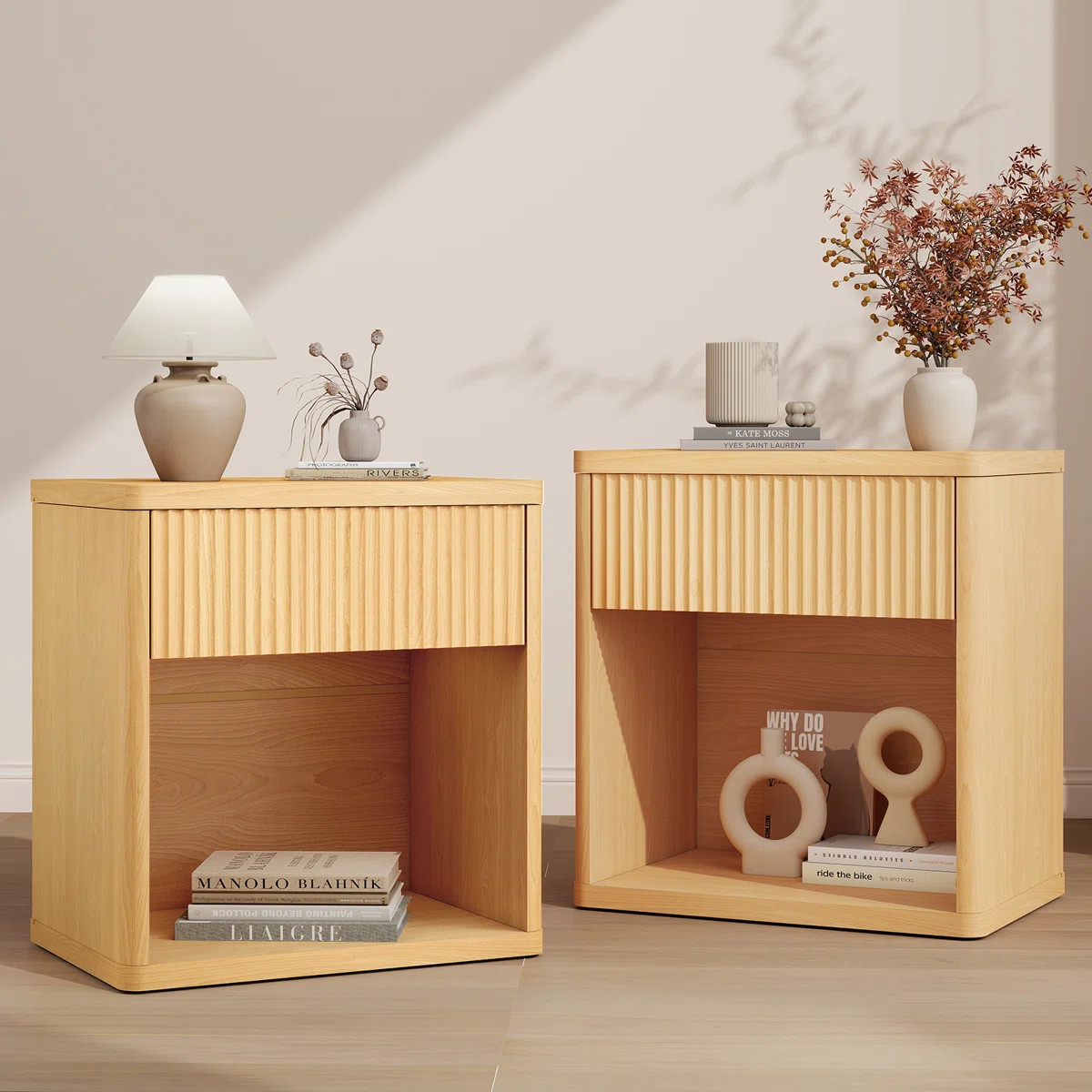 Modern Fluted Nightstand Set Of 2 – Mid-Century Bedside Tables With Drawer & Open Storage – L... | Wayfair North America