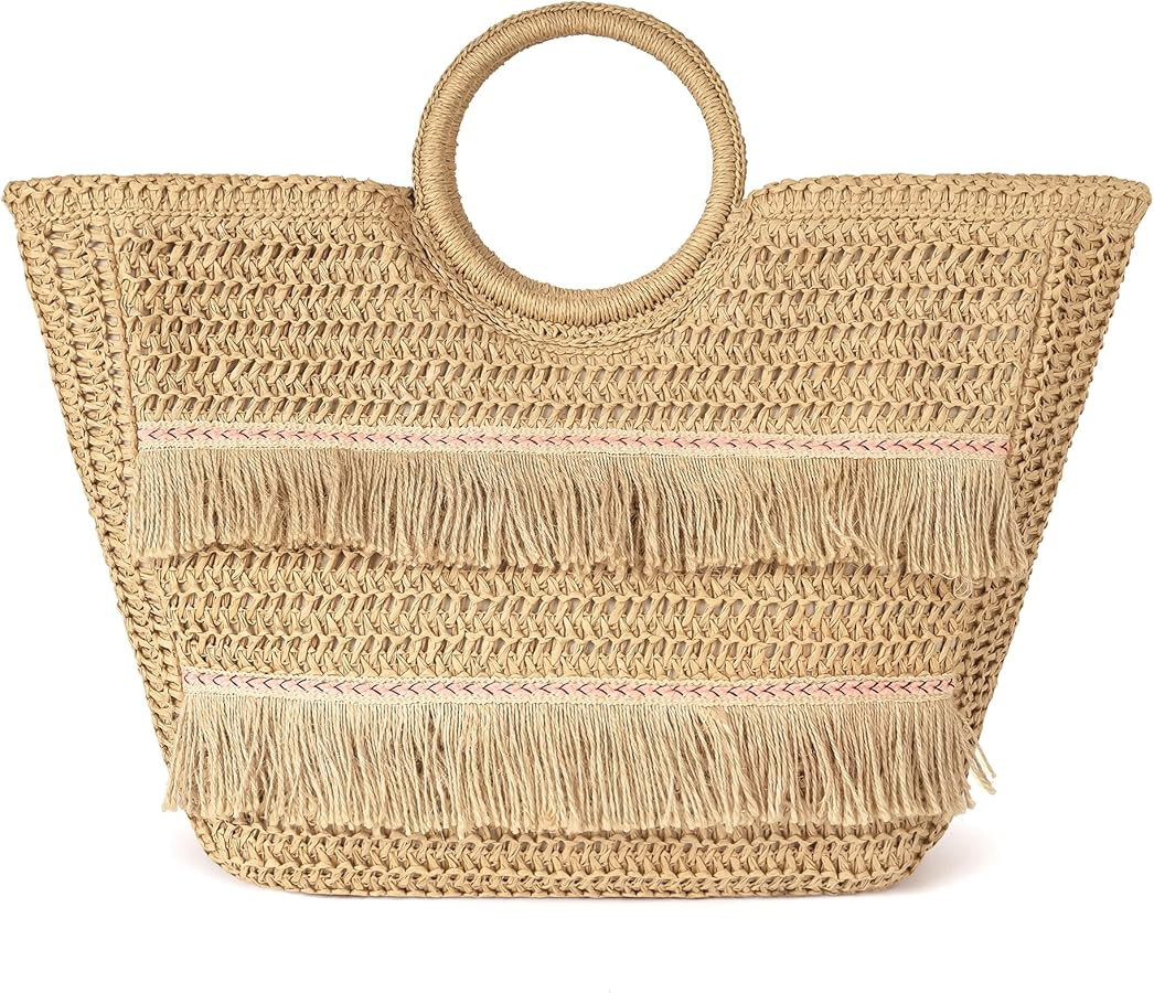 Beach Tote Bag for Women, Hand Woven Bags, Natural Fibre Boho Purse, Top Handle Hobo Handbag, Str... | Amazon (US)