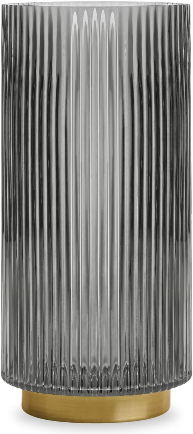 Torre & Tagus Adele Smoke Gray Glass Vase with Gold Metal Base - Premium 10 Inch Glass Cylinder V... | Amazon (US)