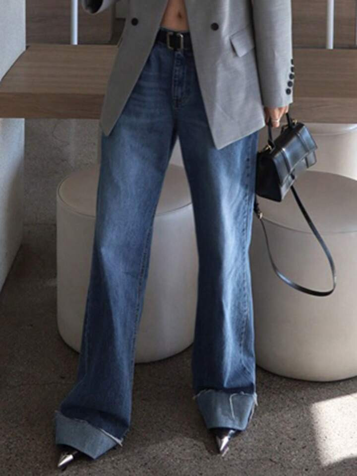 DAZY Washed Blue Loose & Straight Leg Jeans With Cuffed Hem, Frayed Edges, All Season | SHEIN