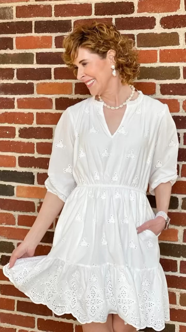 You wont believe where I got this affordable, fully-lined, eyelet dress!
It's a stunner! It looks so high-end, and the detailing is incredible! Notice the wide ruffle at the hem, the tiny ruffle at the neckline, and the gathered, puff sleeves.
It fits TTS.
i added a pearl Apple Watch band, pearl drop earrings, and a pearl necklace to complete my look.


#LTKSeasonal #LTKunder50 #LTKstyletip