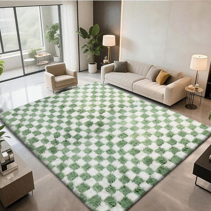 Area Rugs for Bedroom Living Room,5x8 Green and White Fluffy Soft Checkered Rug Fuzzy Shag Shaggy... | Amazon (US)