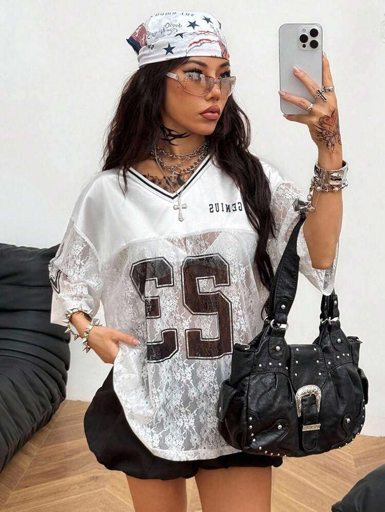Coolane Women's & Men's Summer Festival Streetwear Beach Outfits Contrast Lace Graphics White Oversized Jersey Tees | SHEIN