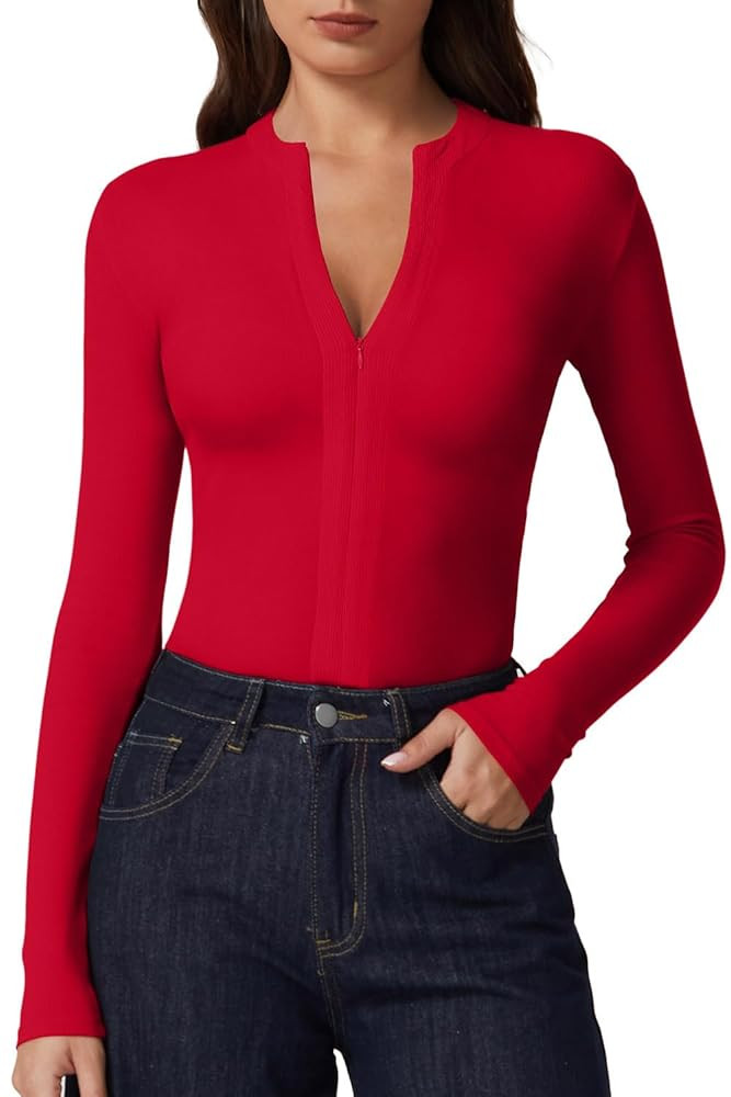 QINSEN Long Sleeve Shirts for Women V Neck Half Zipper Ribbed Knit Going Out Tops Full Length Bas... | Amazon (US)