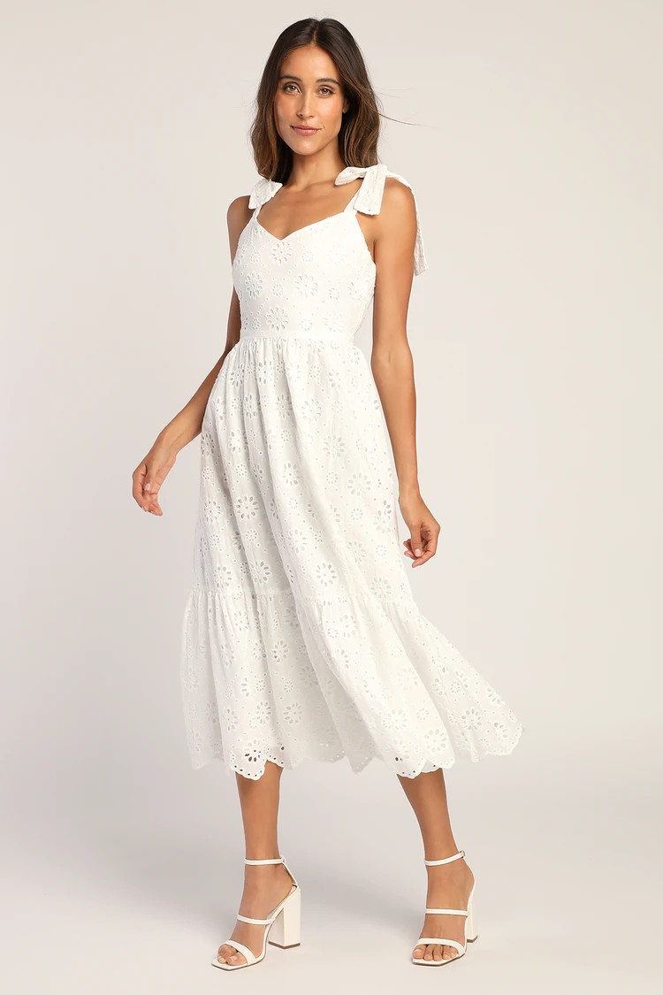 Perfect Vacation White Eyelet Embroidery Tie-Strap Midi Dress | Lulus