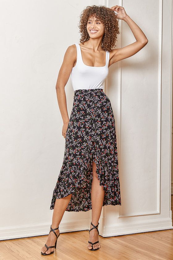 Melodic Musings Black Floral Print Button-Front High-Low Skirt | Lulus (US)