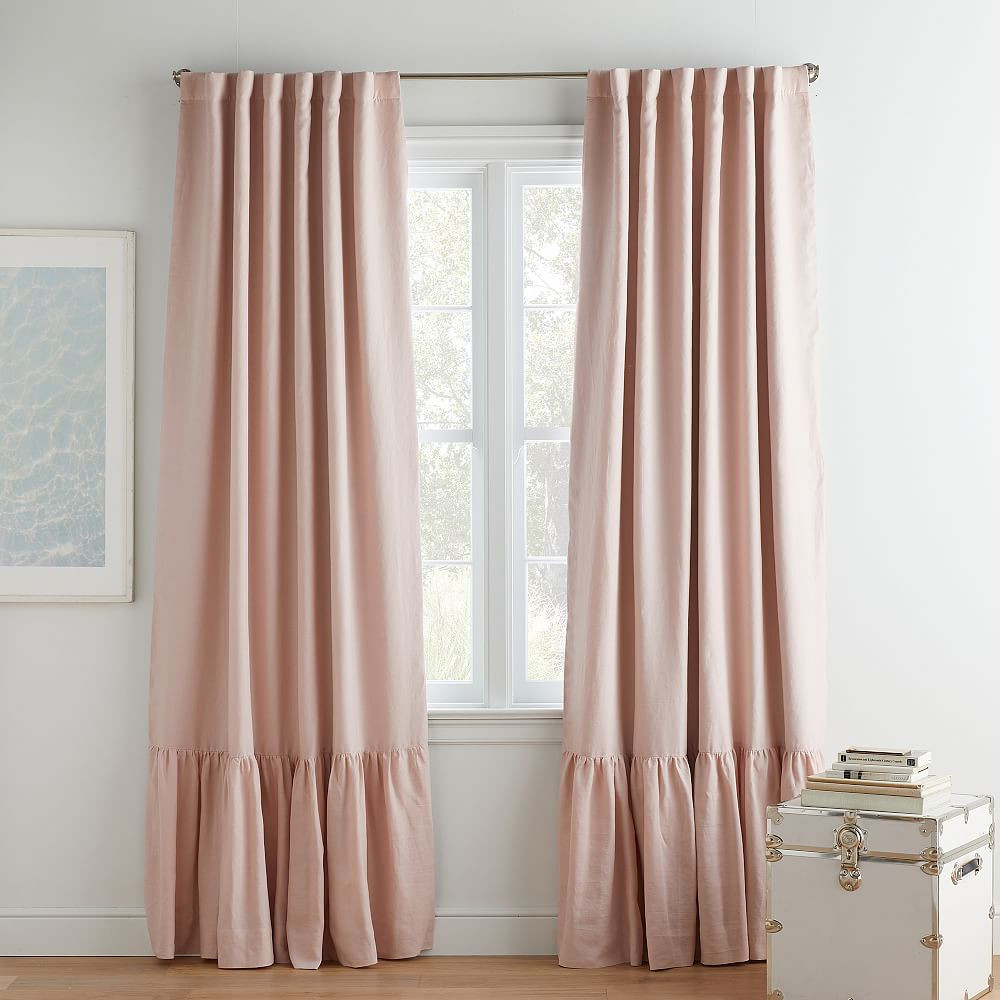 Belgian Linen Ruffle Blackout Curtain, 52""x96"", Dusty Rose | Pottery Barn Teen