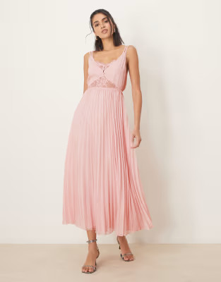 ASOS DESIGN double layer lace insert pleated midi dress in light pink | ASOS (Global)