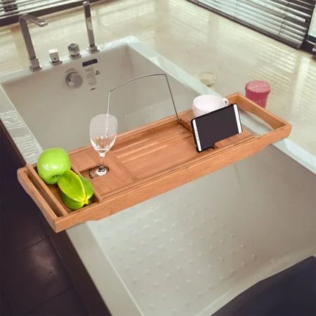 GHP Bamboo Color Bathroom Bathtub Caddy Shower Rack with Adjustable Tilt Mechanism | Walmart (US)